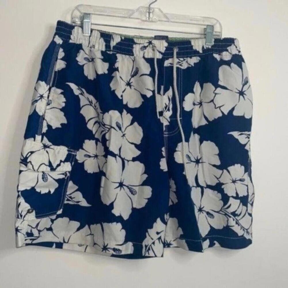 Caribbean Joe Blue and White Hawaiian Tropical Print Swim Beach Board Shorts